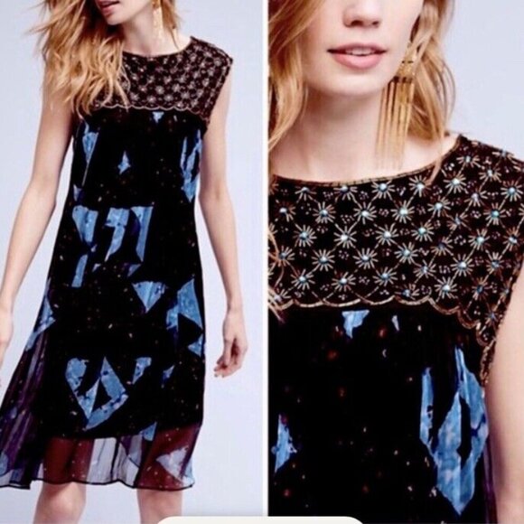 Anthropologie MOULINETTE SOEURS Beaded Lydia Swing Dress Embellished Sz 0 - Picture 1 of 7